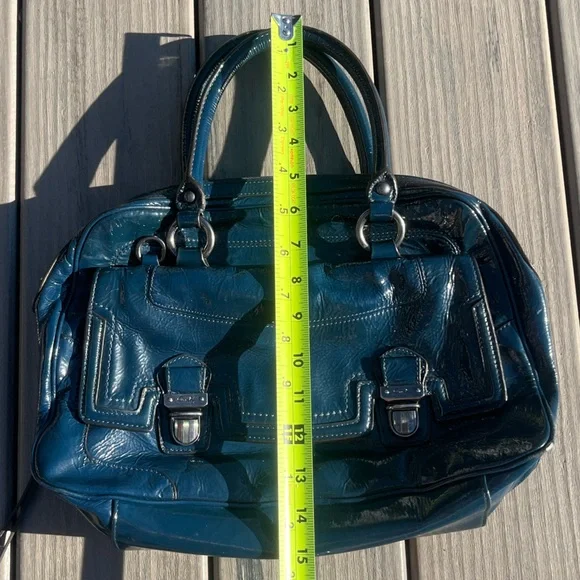Coach; Navy Blue Patent Leather; Medium; Push Lock; Poppy Satchel; Minor Wear - Picture 4 of 16